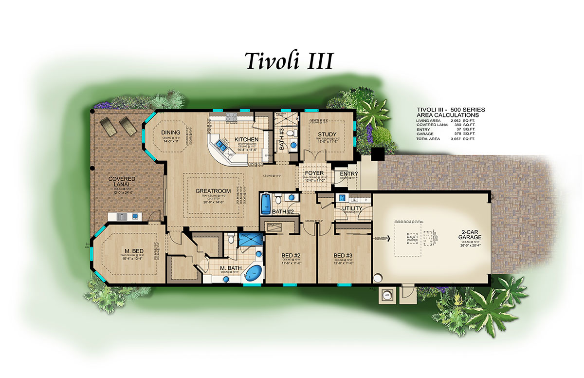 Tivolli III Floor Plan in Paseo, 3 bedroom, 3 bath, great room, dinette, study, screened covered lanai, 2-car garage